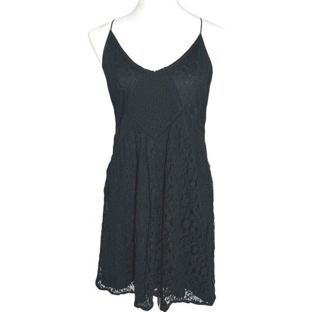 Zara Woman Lace Dress Womens M Black‎ Sleeveless Keyhole Back Mini V-Neck